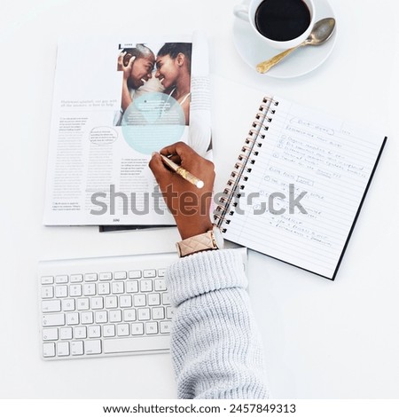 Editor, magazine and hands of person writing with notes for article, newspaper and print publication. Journalism, creative and worker with coffee, notebook or portfolio on laptop for research project