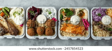 A top down view of a row of Mediterranean entrees.
