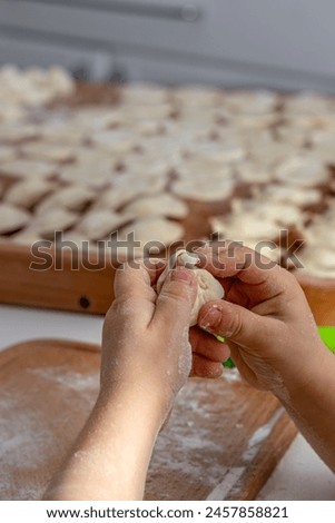 Woman hands are making a damp dumpling. .