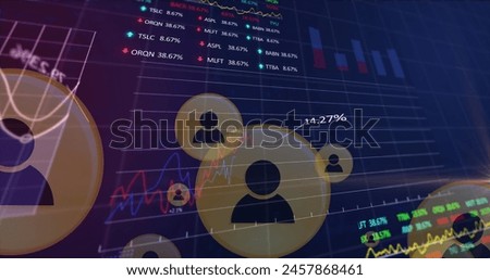Image of profile icons, multiple graphs, trading boards, computer language over black background. Digitally generated, hologram, report, business, stock market, coding and technology concept.