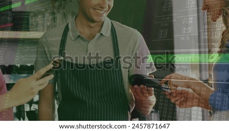 Image of lines and data processing over happy caucasian woman paying with smartphone at cafe. Data processing, communication and technology devices concept digitally generated image.