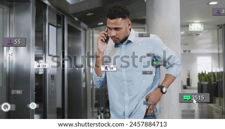 Image of notification bars over biracial man looking at smartwatch while talking on cellphone. Digital composite, multiple exposure, business, social media reminder and technology concept. Royalty-Free Stock Photo #2457884713