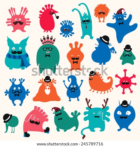 Cute monsters set. Funny fantasy creatures, colorful