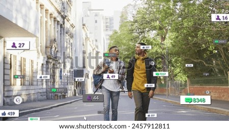 Image of notification bars over diverse friends discussing and pointing while walking on street. Digital composite, multiple exposure, business, togetherness, social media reminder and technology.