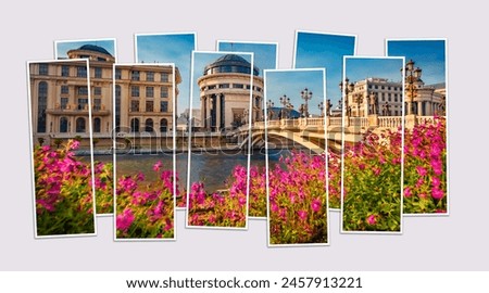 Isolated ten frames collage of picture of blooming of violet flowers on the shore of Vardar river. Exciting spring cityscape of capital of North Macedonia - Skopje. Mock-up of modular photo.
