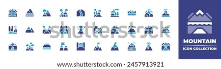 Mountain icon collection. Duotone color. Vector illustration. Containing mountain, canyon, rainbowmountain, mountains, goal, hill, field, waterfalls, volcano, freeride, waterfall.