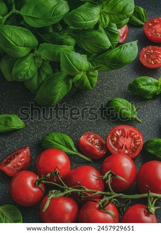 Sliced Tomatoes And Lush Green leifs On brown Board Hd Quality Picture 