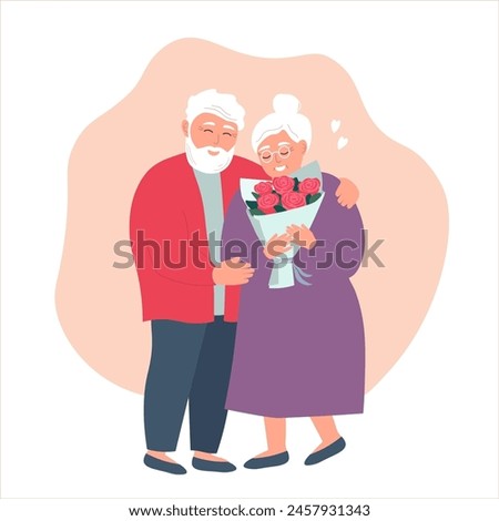 An elderly couple is happy together. Grandma with a bouquet. The old man hugs his wife. Vector graphics.
