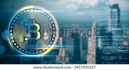 Creative glowing digital bitcoin on blurry wide toned city background with binary coding. Virtual cryptocurrency and futuristic banking concept. Double exposure