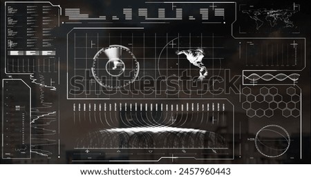 Image of map, globe, loading bars, soundwave over modern buildings against cloudy sky. Digital composite, multiple exposure, sonar, globalization, business, progress and architecture concept.