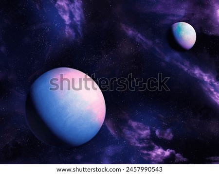 Planet with satellite in colorful space. Exoplanets and galactic nebulae. Distant worlds in the universe.
