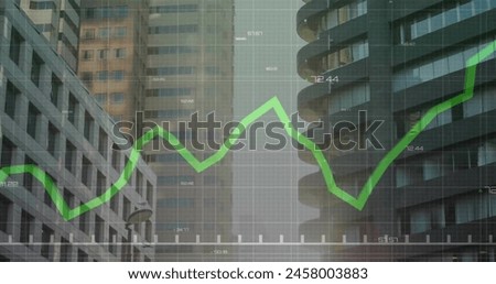 Image of green line and financial data processing over cityscape. Global business, computing, networks, digital interface and data processing concept digitally generated image.