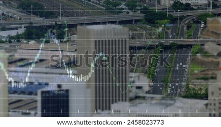 Image of financial data processing over city. Global business, finance, connections, computing and data processing concept digitally generated image.