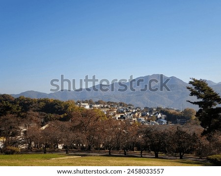 A landscape picture shows a Japanese city with trees in a park in the foreground with many houses in the big mountains behind. 