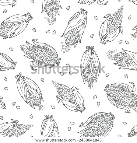 Outline Corn Cobs Seamless Pattern. Maize. Vegetable Background. Handmade. Hand drawing. Not AI. Black and White Vector illustration Royalty-Free Stock Photo #2458041845