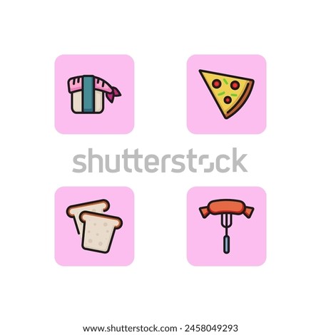 Snacks line icon set. Sausage, slice of pizza, toasts, sushi. Fast food concept. Can be used for topics like cafe, menu, lunch. Vector illustration for web design and app