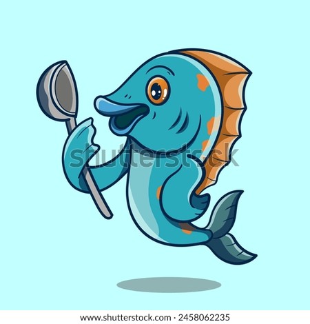 Chef fish mascot cartoon holding a soup ladle Can be used as mascot or part of a logo. Sea food logo design.