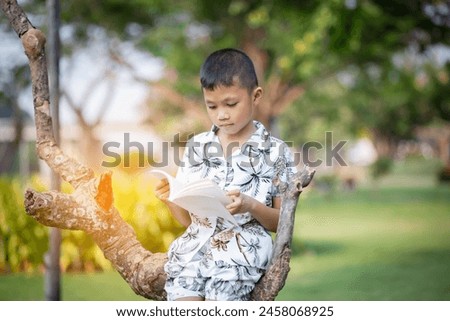 Little boy reading a book under big  tree