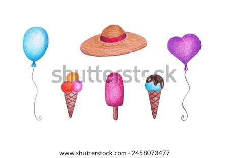 Set of Hand Drawn Pencil Images of Ice Cream and Balloons with Hat. Summer Clip Art with Sweets
