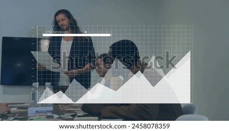 Image of data processing and statistics over diverse businesspeople in office. Global business, finance, computing and data processing concept digitally generated image.