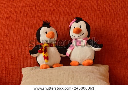 Our Penguins in the living room  /  Our penguins in the living room in the pillow. 