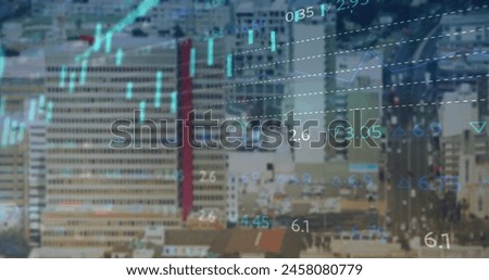 Image of financial data processing over cityscape. Global business, finance, connections, computing and data processing concept digitally generated image.
