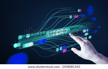 Businessman hand touch abstract stream, information wave. Big data, technology, AI, data transfer, data flow, generative AI, large language model, screen background Royalty-Free Stock Photo #2458081343