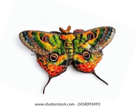 The white background in the picture is a beautiful butterfly, green, red, orange, yellow, white with black and red circles resembling eyes on both wings, very beautiful.