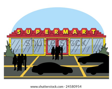 vector illustration of a supermarket.. cars & people contained in clipping mask