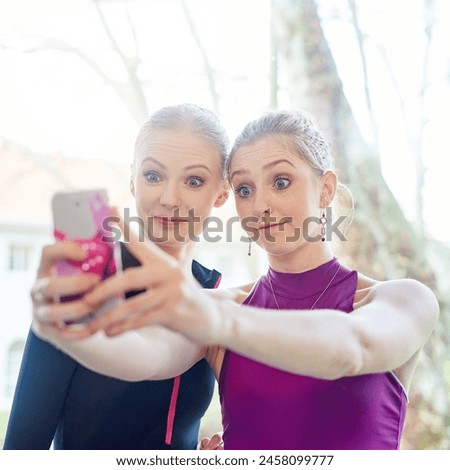 Happy, selfie and people at gym for workout together for fitness, healthy routine and exercise. Women, post and filming progress in training, class or mobile app for social media and photography