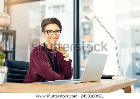 Portrait, woman and laptop in office with confidence for career, job growth and opportunity. Female employee, happy and research content or creative ideas as editor for magazine or publication
