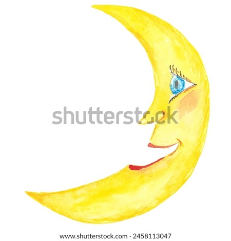 Moon. A cartoon character. Drawing in watercolor and liners. Graphics. A hand-drawn drawing. A design element. Clip-Art