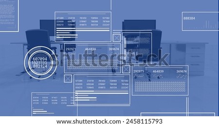 Image of financial data processing over office with computers on desks. Global finance, business, connections, computing and data processing concept digitally generated image.