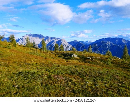 View on mountains in the Osttirol region on a summer day,mountains, sky, clouds. Lush green vegetation.  Alps, Austria.  Royalty-Free Stock Photo #2458121269