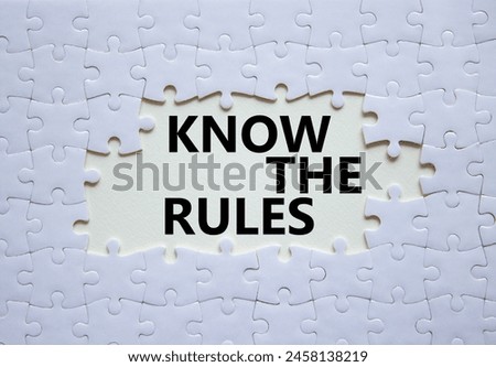 Know the rules symbol. Concept words Know the rules on white puzzle. Beautiful white background. Business and Know the rules concept. Copy space.