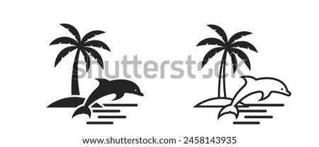 palm tree and dolphin flat and line icons. exotic and summer vacation symbols. isolated vector images for tourism design