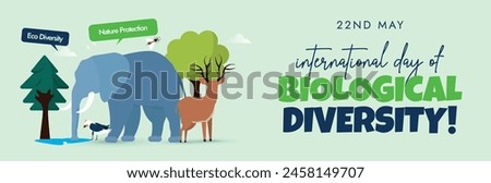 International day of Biological diversity cover banner. 22nd May 2024 International biodiversity day celebration cover banner with elephant, deer, flowers, trees, birds on light green background. Royalty-Free Stock Photo #2458149707