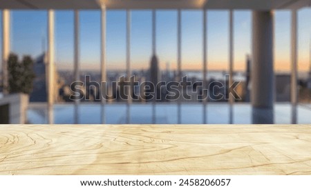 Foreground wooden office table with a blurry background of a contemporary office lobby, perfect for business product displays and presentations.