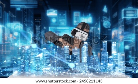 Civil engineer analyzing with rotating tower skyscraper hologram virtual graphic via VR future global innovation network technology community intelligent cityscape urban planning center. Contraption.
