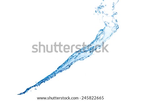 Blue water splash drops isolated on white background, water stream, freezing motion. Sharp clear water drops, pattern.
