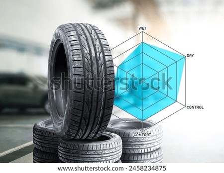 A stack of new tires in a car repair garage , along with a car tire efficiency performance diagram , Car maintenance concept