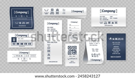 Set Of Clothing Labels, Each Presenting Essential Information Such As Fabric Composition, Care Instructions, Brand Logo