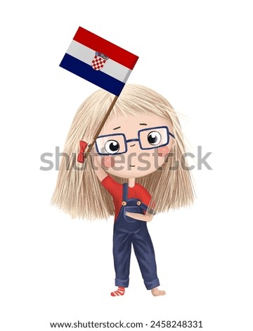 Funny cute girl with flag of Croatia. Bright clip art isolated