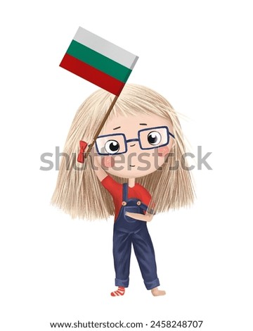 Funny cute girl with flag of Bulgaria. Bright clip art isolated