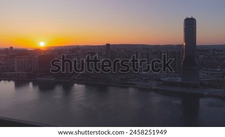 Sunrise aerial view of Belgrade, capital of Serbia. Royalty-Free Stock Photo #2458251949