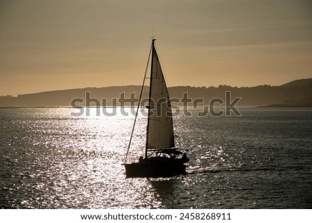 Silhouette of a sailboat sailing in the Ria de Vigo in Galicia at sunset, with punts in the background.
