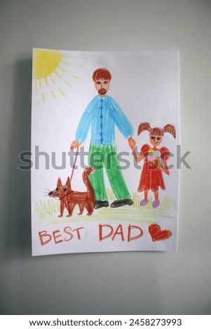 Photo postcard to the Dad drawn by child. White background. Drawing with colored pencils. Dad is depicted with girl and a dog. The girl is eating ice cream. Inscription to the Best Dad. Father's Day.