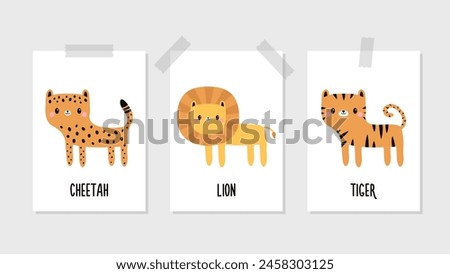 Cheetah leopard, lion, tiger set. Hand drawn posters for kids baby room. Funny face. Cute cartoon kawaii animal. Childish print for nursery, kids apparel, postcard. Flat design White background Vector