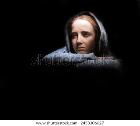 Young kid tired lost lady sit fail grief mood feel weep cry teen prayer pray ask God faith hope text space. Poor retro scarf devot adult tramp eye look see angry ill sick hate war pain wait love shame Royalty-Free Stock Photo #2458306027