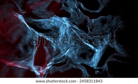 The image depicts a mysterious, ethereal scene with swirling blue smoke, a silhouette of a person, and a dark background. Royalty-Free Stock Photo #2458311843